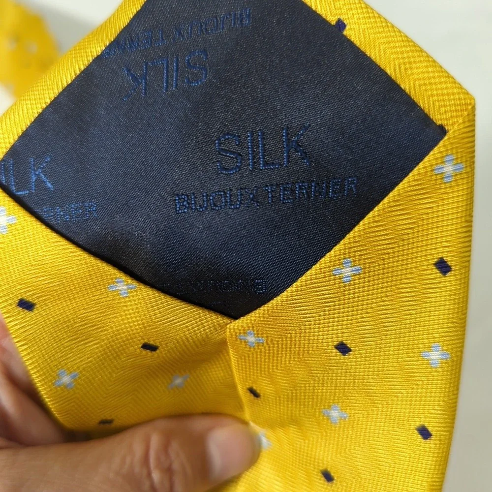 Bijoux Terner 100% Silk Tie Yellow With Navy Squares‎ And Blue Dot Flowers 63